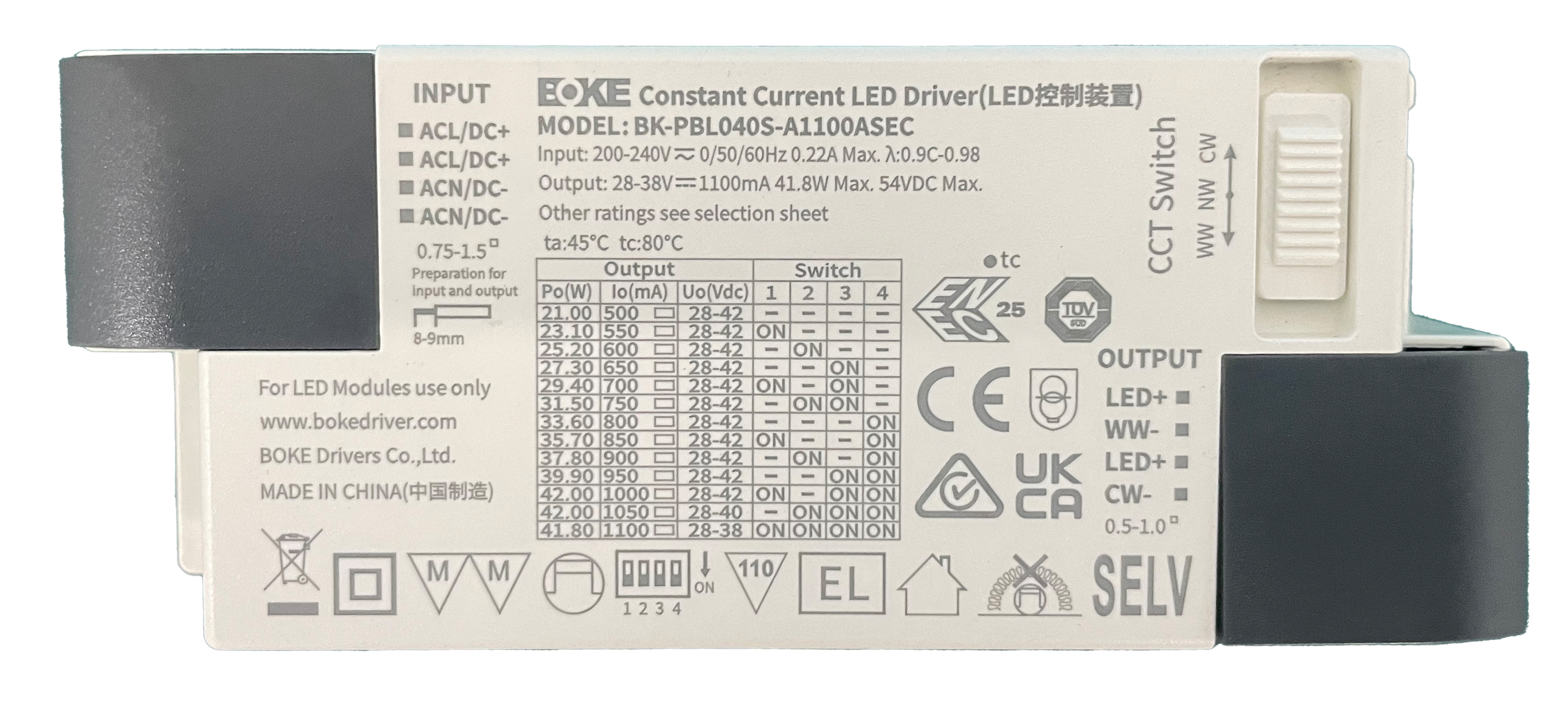 Larsen LED Notlicht-Treiber für LDBS LED Panel max 42 Watt mit Multicolor und Multiwatt Uout 25-42V AC DC inkl. LED Anschlussleitung